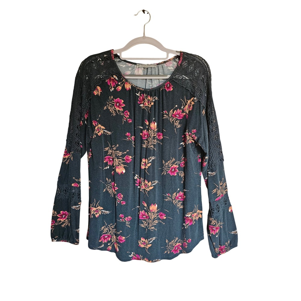 Daniel Rainn Floral Lace Trim Blouse Womens Size M Navy Pink Crochet Boho Top